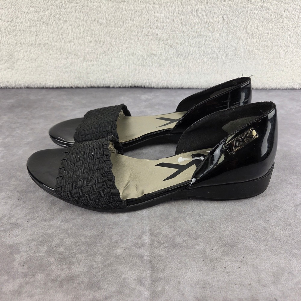 Anne Klein Sport AK Black Patent Woven D'Orsay Sandals Low Wedge Flats 10in